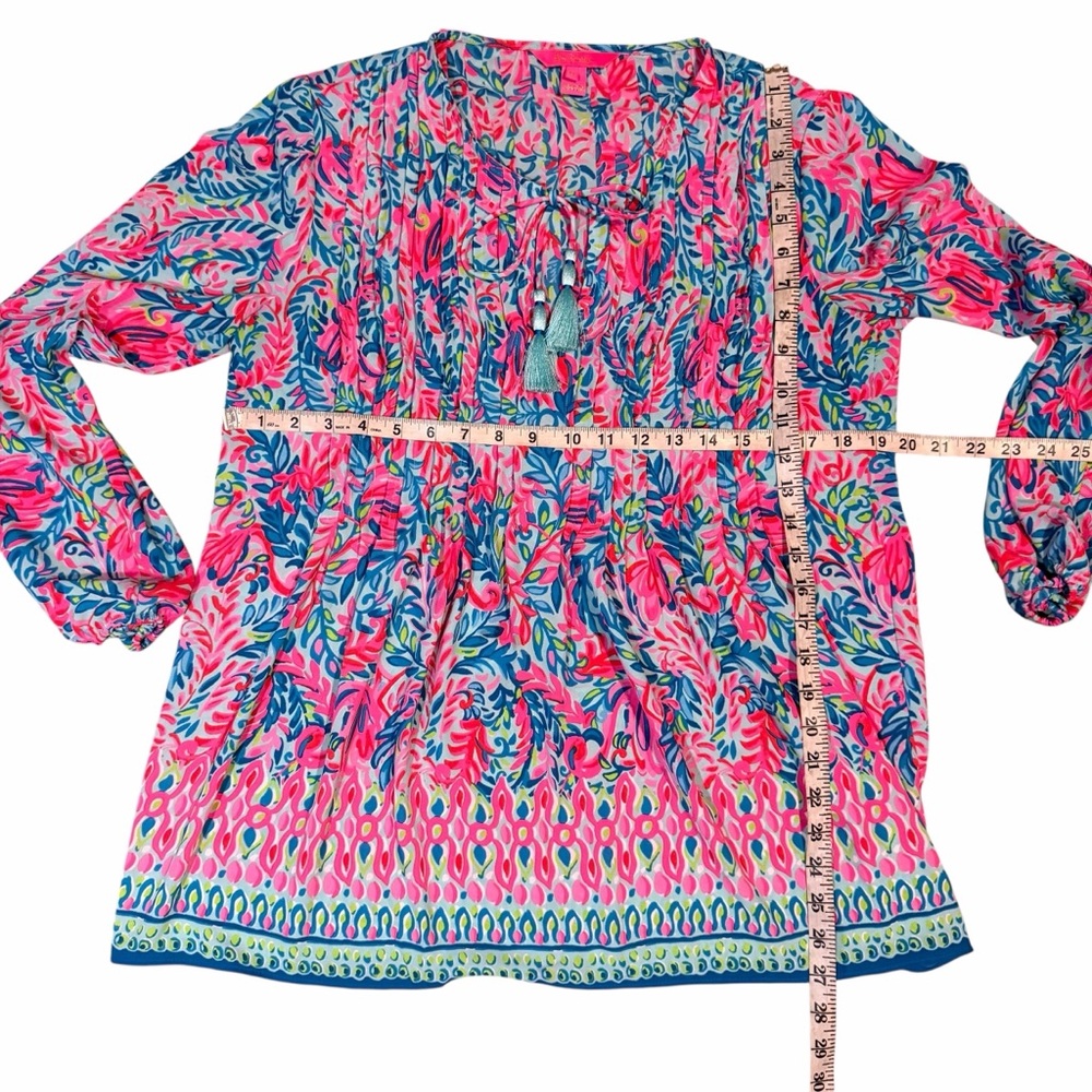 Lilly Pulitzer Turquoise Pink Floral Tassel Peasant Blouse - Picture 4 of 8